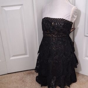 Sue Wong Noctuturne Tiered Scalloped Lace & Sequin Little Black Dress